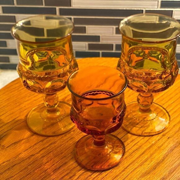 Set of 3 Vintage Amber Kings Crown Thumbprint Goblets Glasses water wine juice - Picture 1 of 9